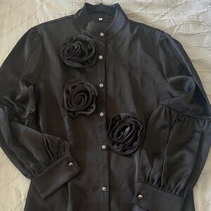 Black Floral-Applique Women's Satin Blazer Jacket